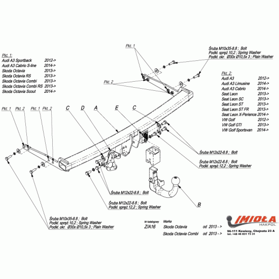 Hak holowniczy AUTOMAT PION Skoda octavia III , golf 7 htb kombi Audi a3 12- 
